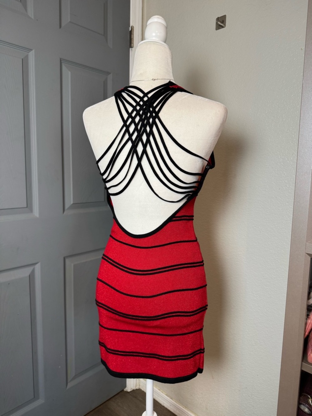 VTG Y2K Hera USA Metallic Red Black Striped Bodycon Dress Cage Back Mini L